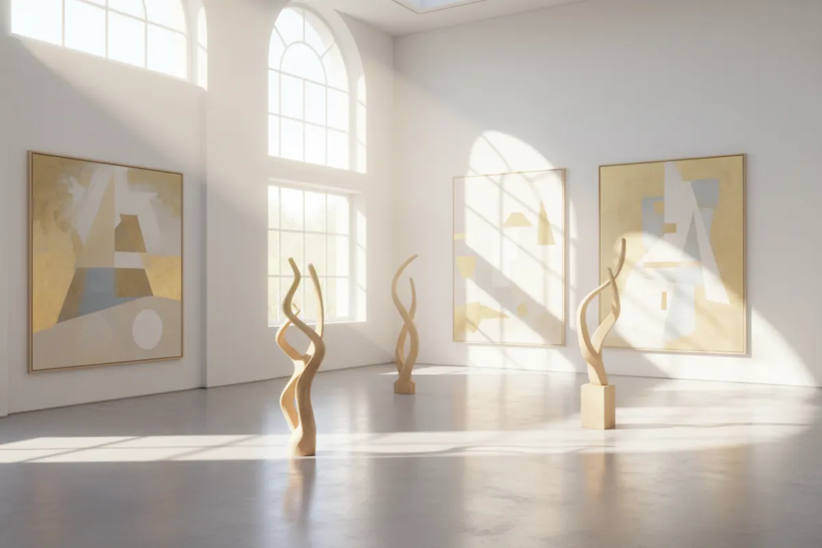 A luminous, ethereal gallery space with beams of natural light illuminating abstract sculptures and minimalist paintings. The atmosphere is serene, with soft gold and porcelain tones, and a sense of spiritual elevation. No people are present, emphasizing the interplay of light and substance.