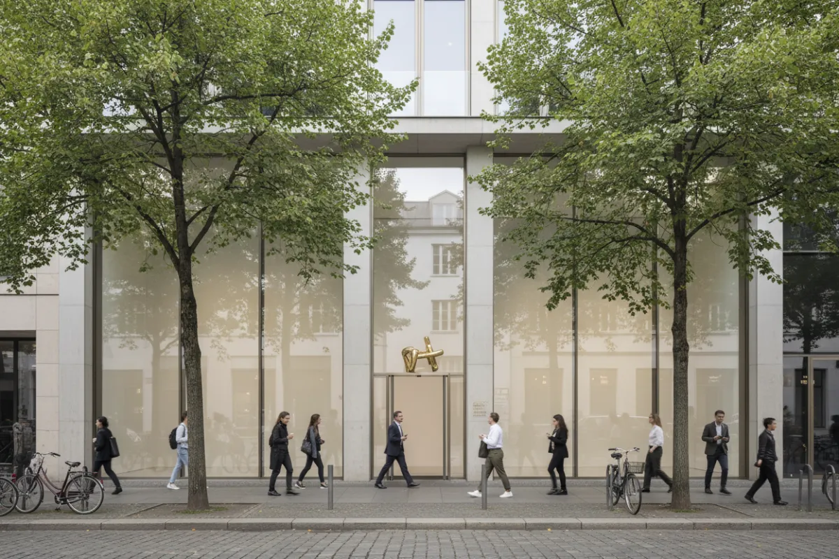 A modern, minimalist art gallery facade in central Berlin, featuring large glass windows, subtle gold signage, and a tree-lined street. The scene is bathed in soft daylight, with a cosmopolitan ambiance and passersby of diverse backgrounds.