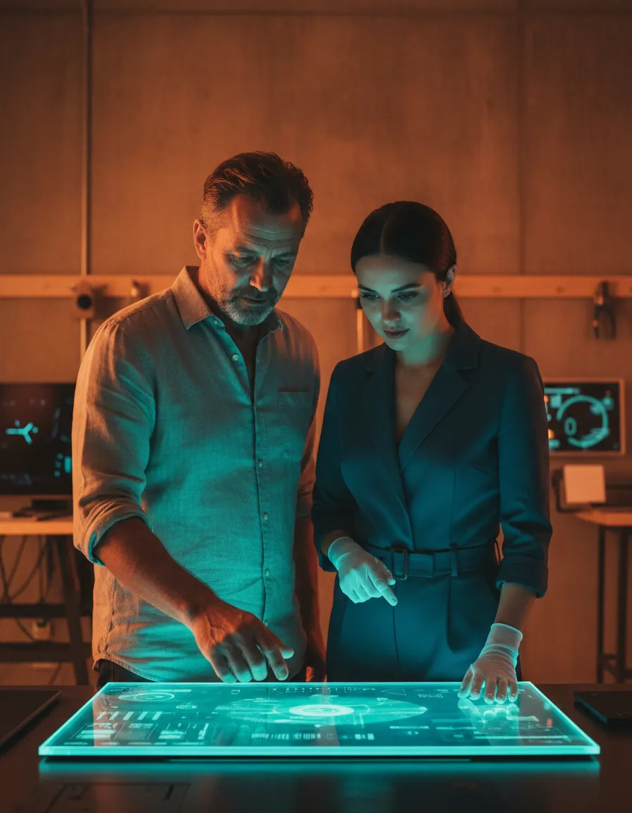 Professionnel et artisan collaborant avec une interface tactile
