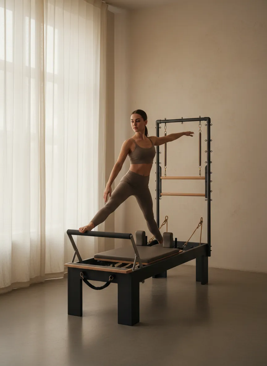 Persona utilizando el Reformer en SYZYGY Pilates Studio