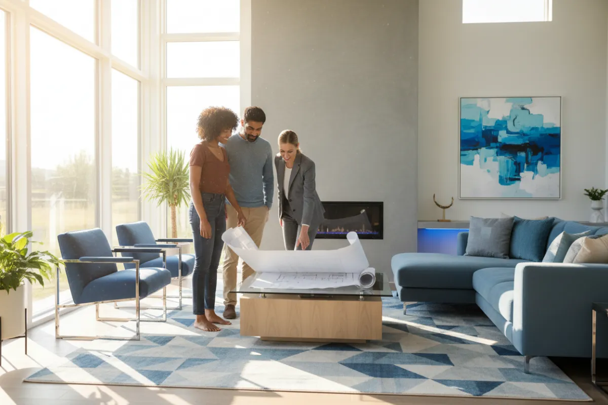 A diverse couple stands in a sunlit, modern living room, reviewing home plans with a real estate agent. The space features large windows, contemporary furniture, and subtle blue accents, evoking comfort and optimism.