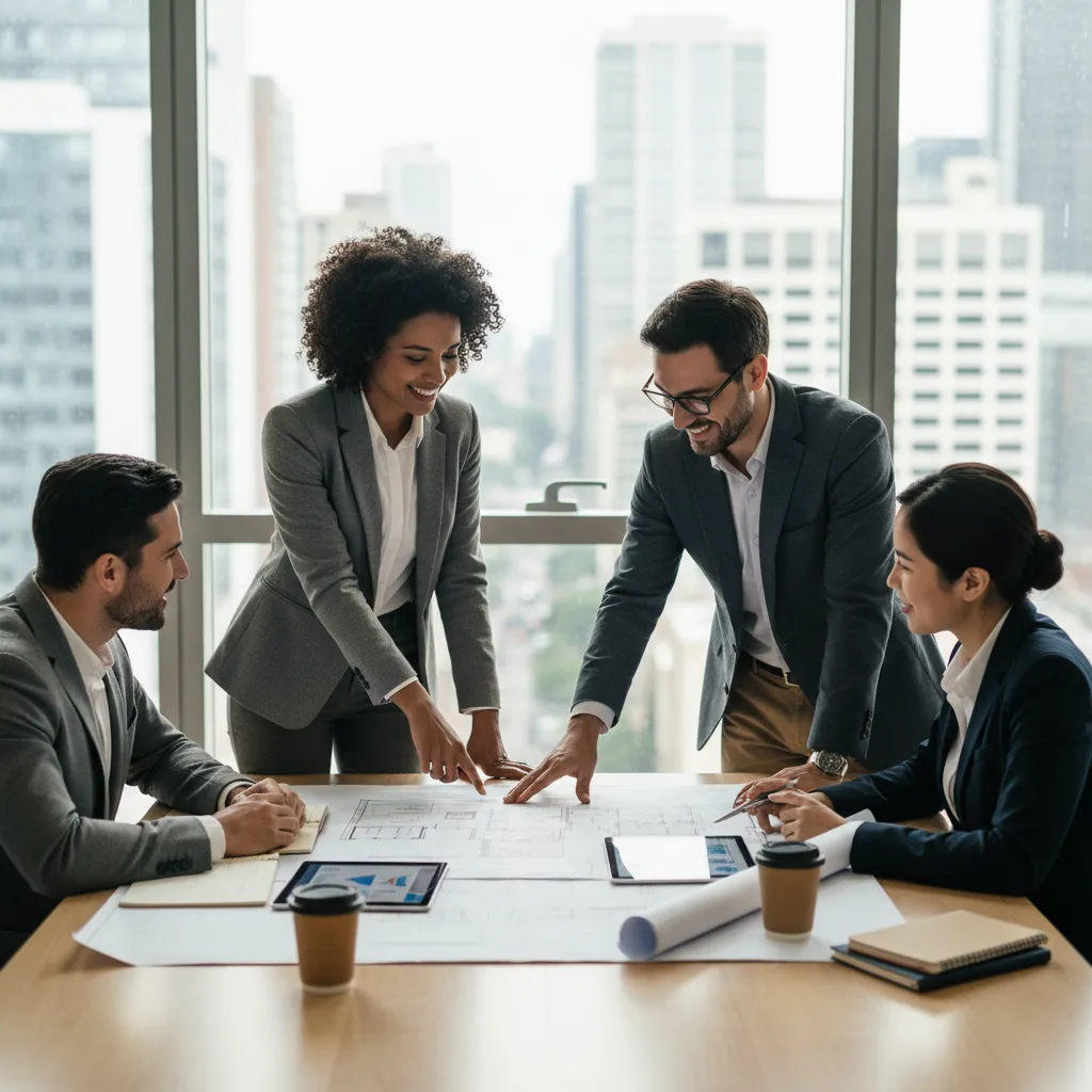 A small, diverse real estate team collaborates around a table with blueprints and digital tablets in a bright office. The group’s friendly expressions and professional attire convey trust, teamwork, and dedication to client success.