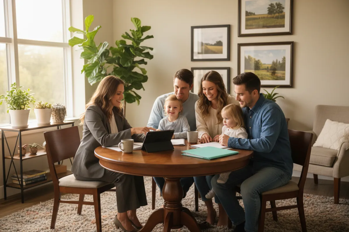 A smiling real estate consultant sits across from a young family at a round table, discussing home options. The setting is a cozy office with soft lighting, plants, and welcoming decor, emphasizing comfort and trust.