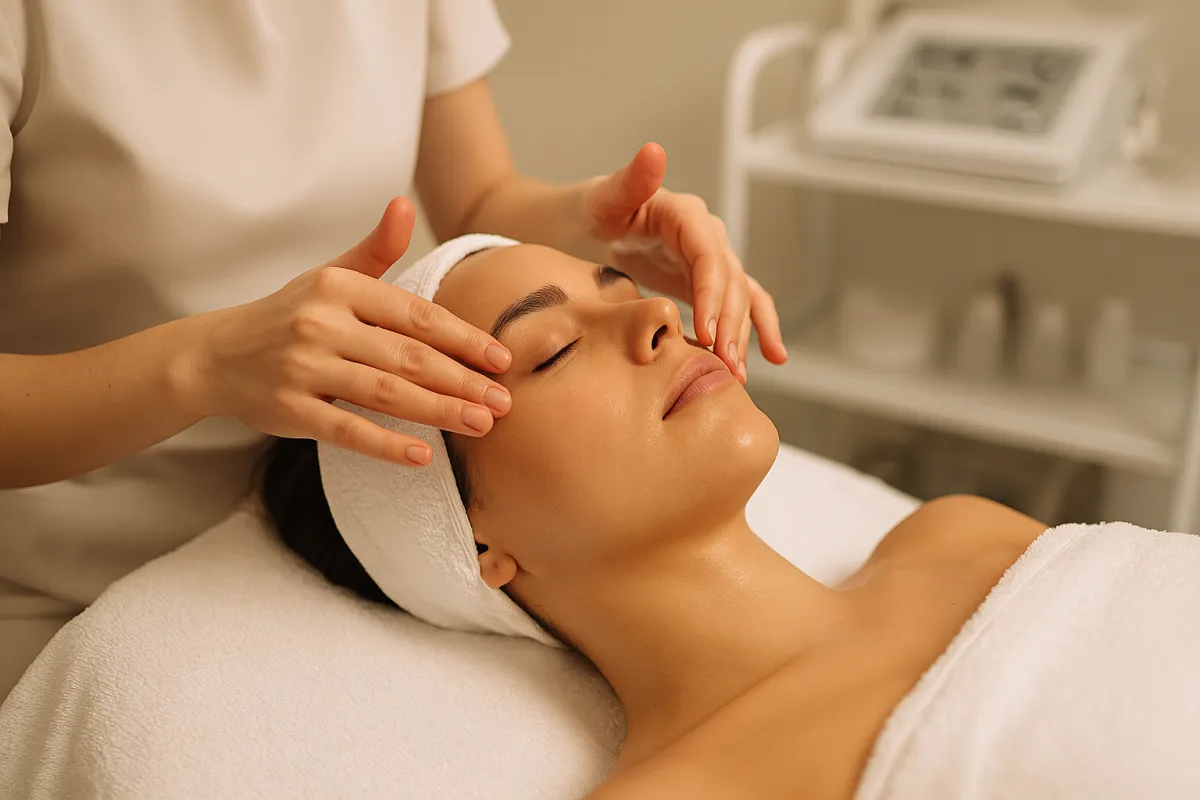 Plano detalle de tratamiento facial profesional en cabina moderna