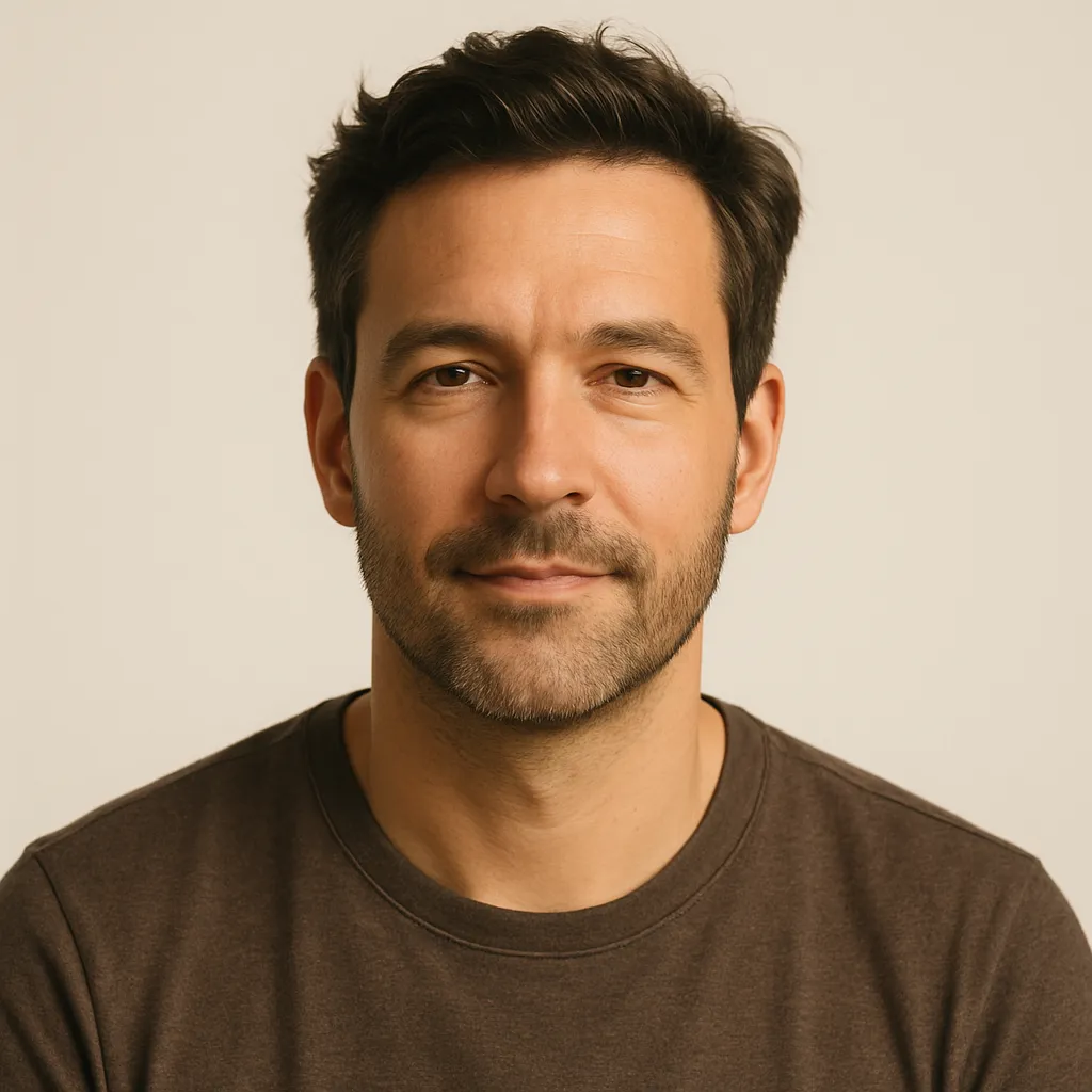 Retrato cuadrado de hombre, 42 años, expresión confiada