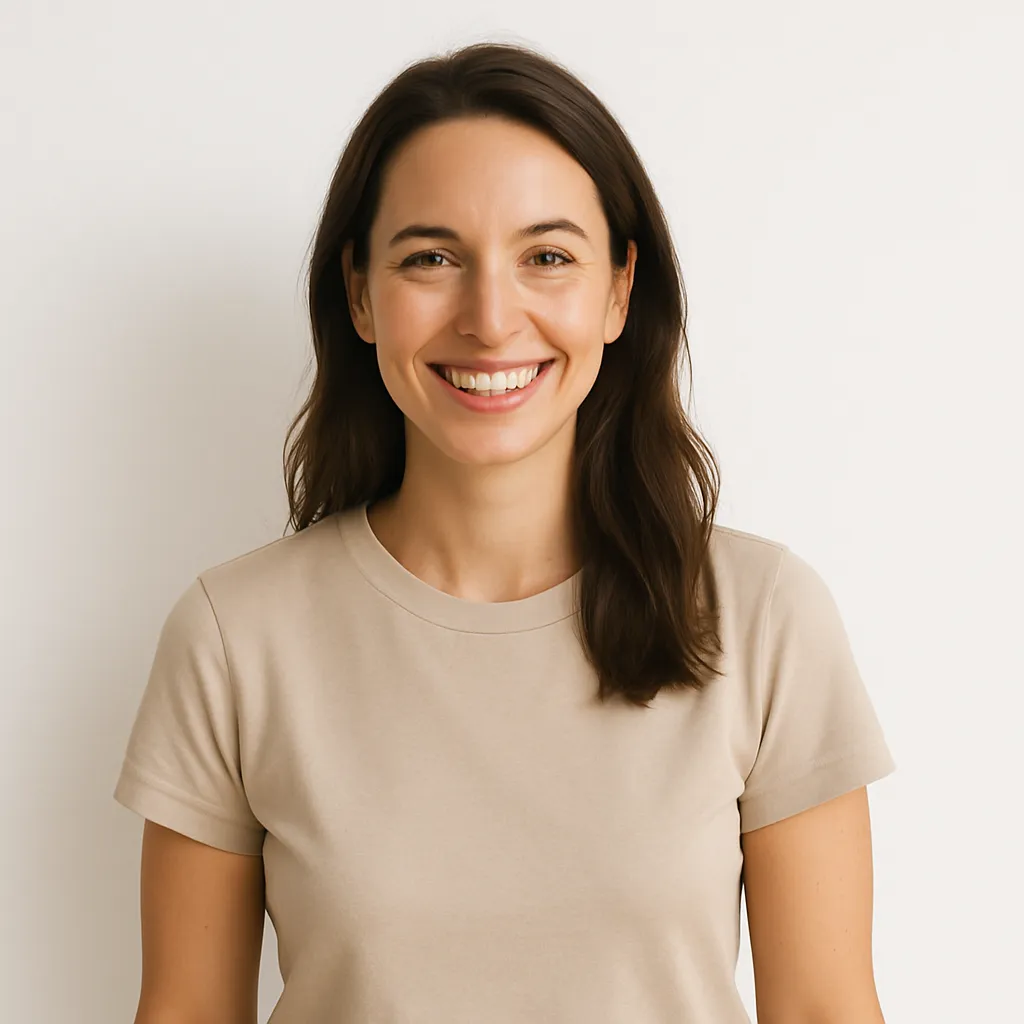 Retrato cuadrado de mujer, 34 años, piel radiante