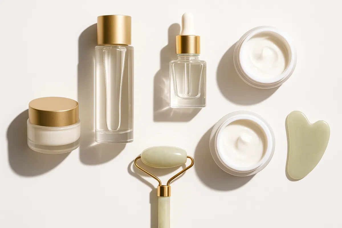 Composición de productos premium usados en protocolos de belleza sobre superficie clara, iluminación brillante y estilo fotográfico moderno.