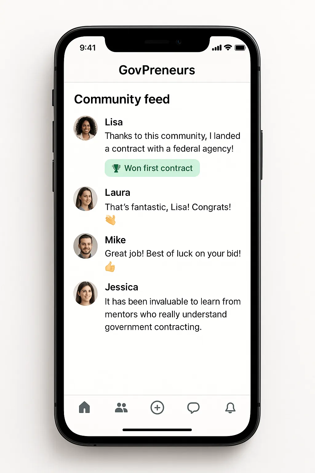 GovPreneurs app icon and device mock showing the app home screen.