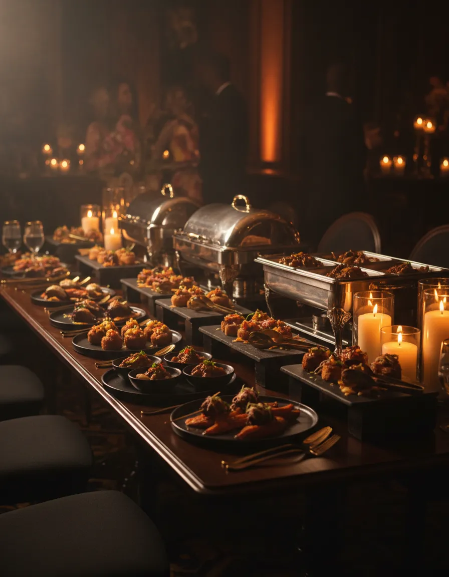Elegant luxury event catering spread featuring Haitian fusion cuisine