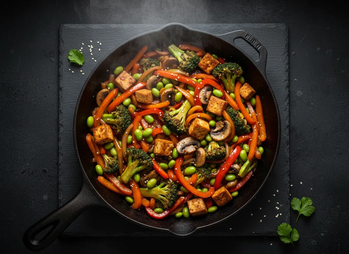A vibrant 15-minute stir-fry in a dark kitchen setting.