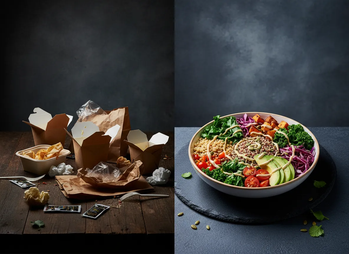 A side-by-side of takeout containers and a fresh plant-based bowl.