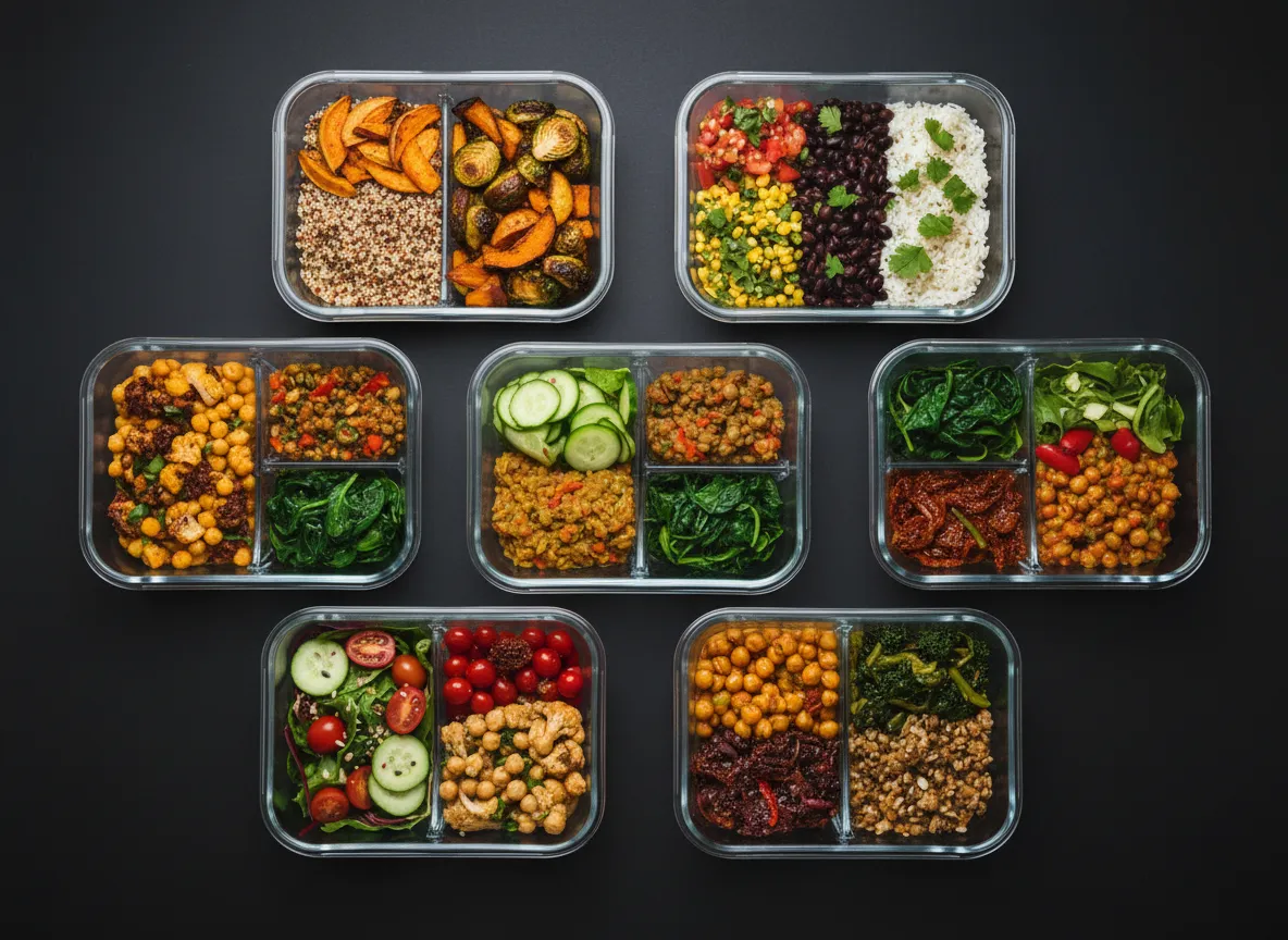 Meal-prep containers filled with colorful plant-based dishes.