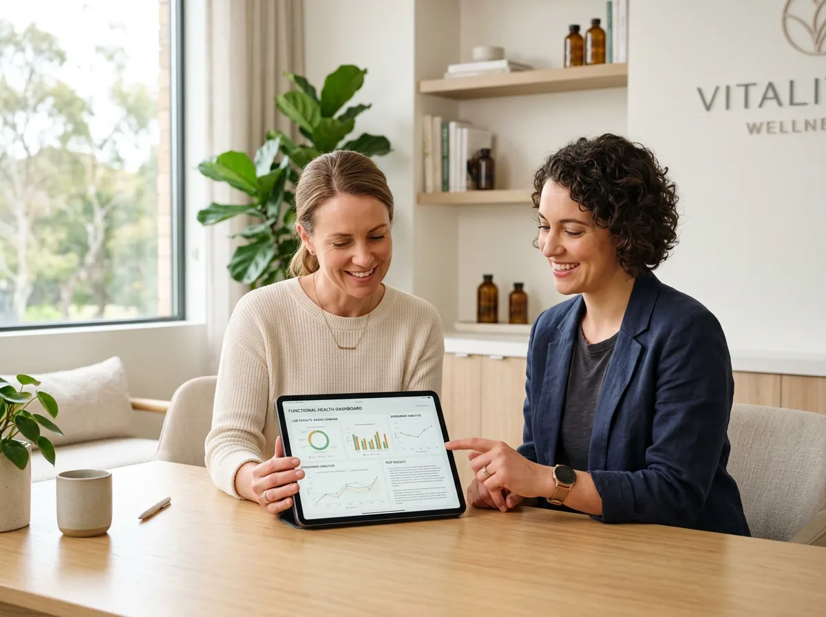 Woman reviewing lab results with wellness practitioner