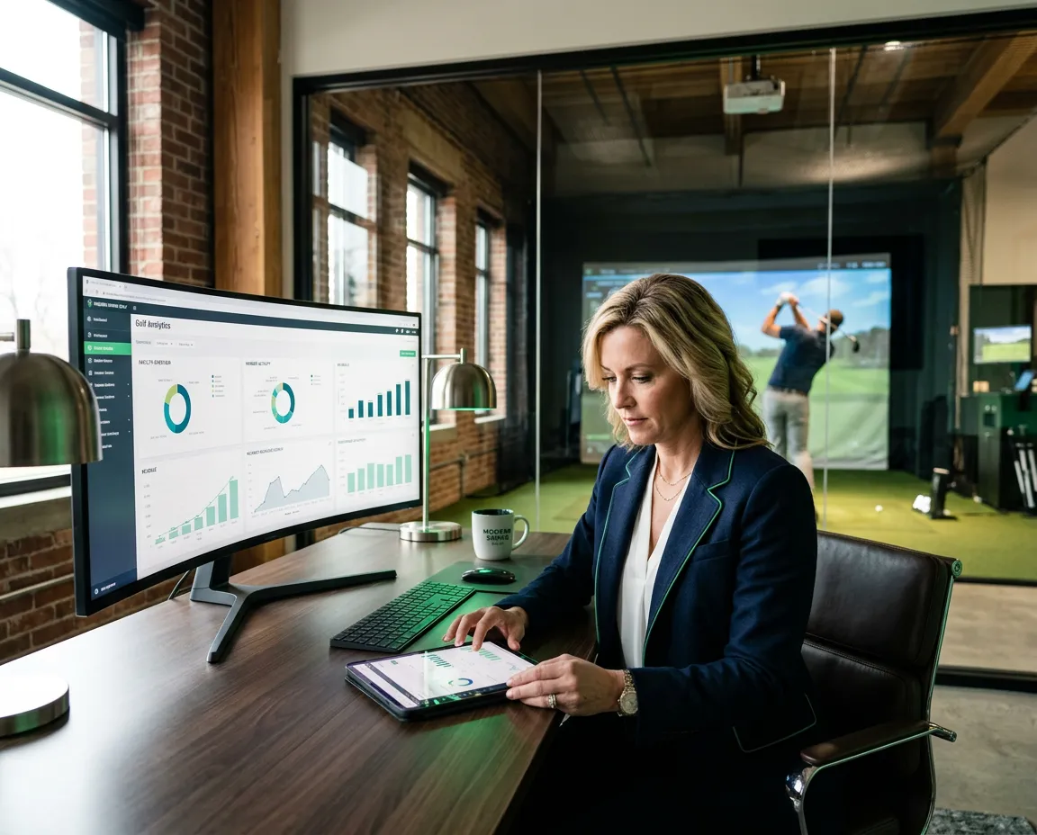 Indoor golf facility owner analyzing booking performance metrics on an executive dashboard