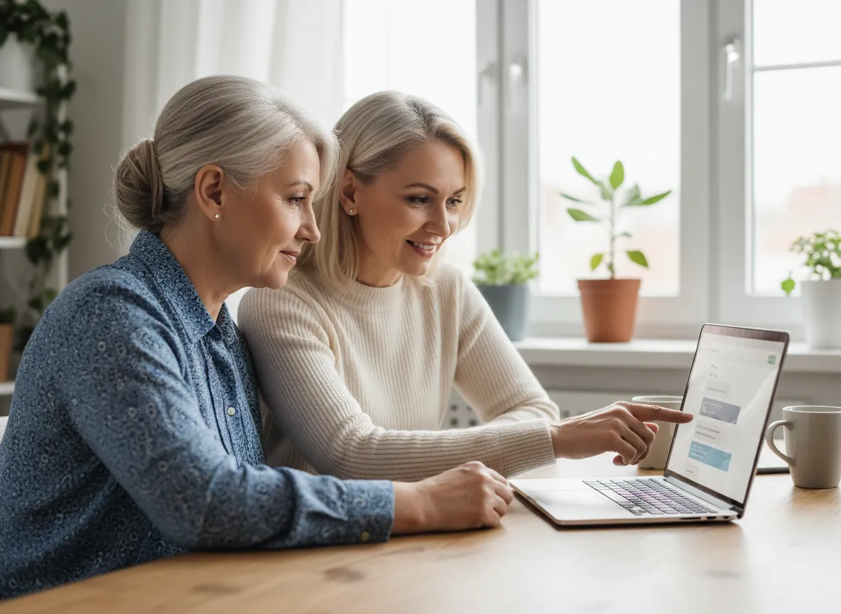 Friendly instructor helping an adult learner use ChatGPT on a laptop