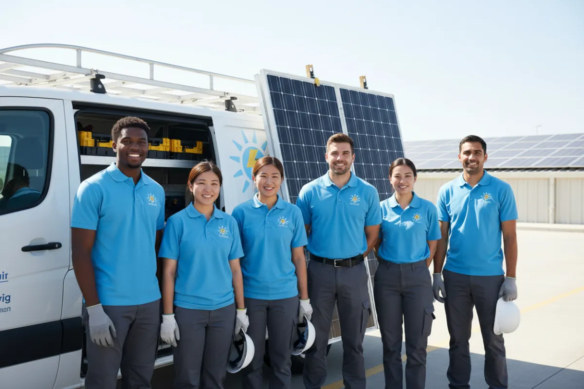 Team of solar professionals in branded uniforms, standing together in front of a solar installation van, diverse group, bright daylight, professional and friendly demeanor