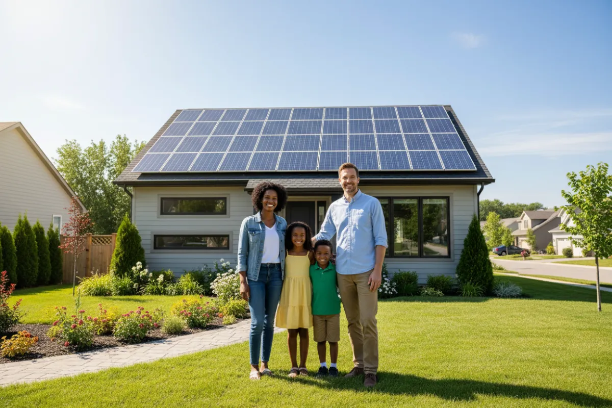 A diverse family of four standing in front of their home with solar panels, smiling, sunny day, casual clothing, suburban neighborhood, sense of pride and accomplishment