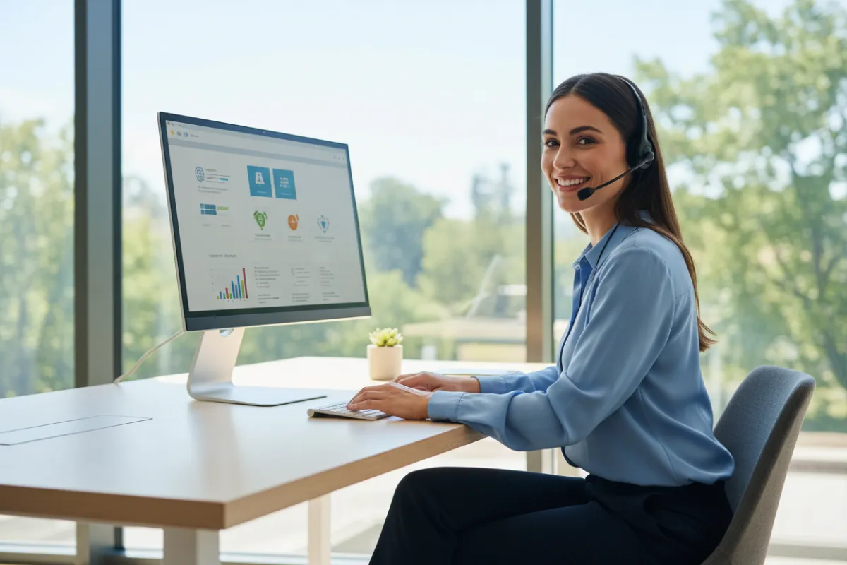 Customer support specialist at a desk, headset on, smiling, modern office, large window with natural light, approachable and attentive, professional attire