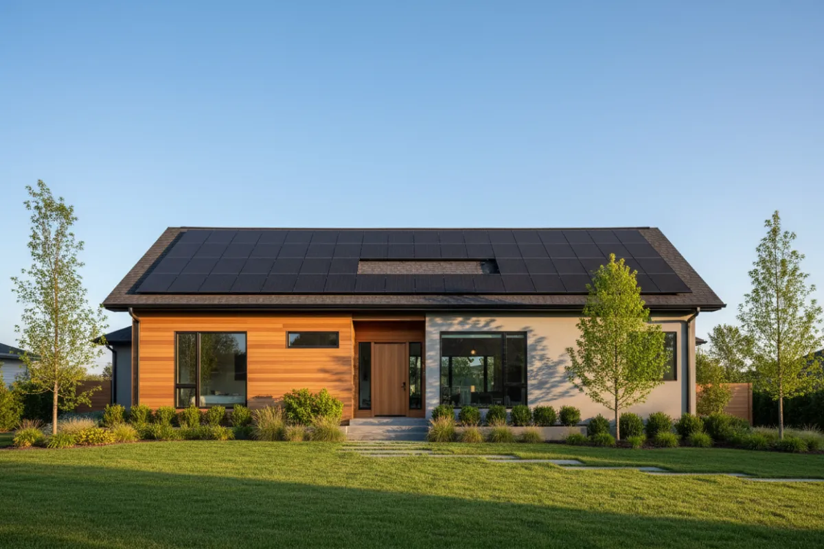 Modern home with solar panels on the roof, sunlit, surrounded by greenery, clear blue sky, contemporary architecture, inviting and eco-friendly atmosphere
