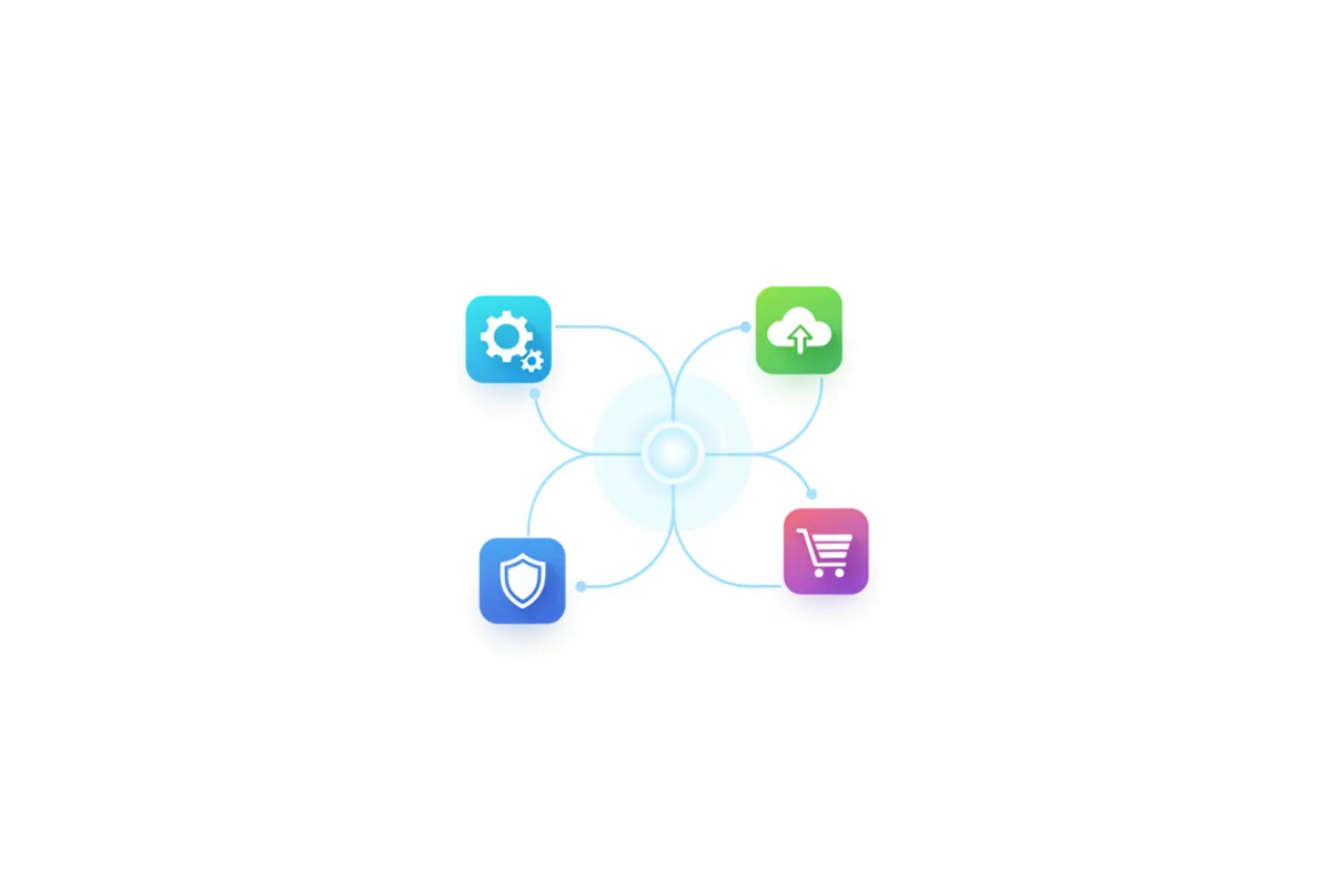 Ilustración de integración de software: iconos de aplicaciones conectados por líneas sobre fondo blanco, estilo vectorial limpio, sin personas, transmite conectividad y simplicidad