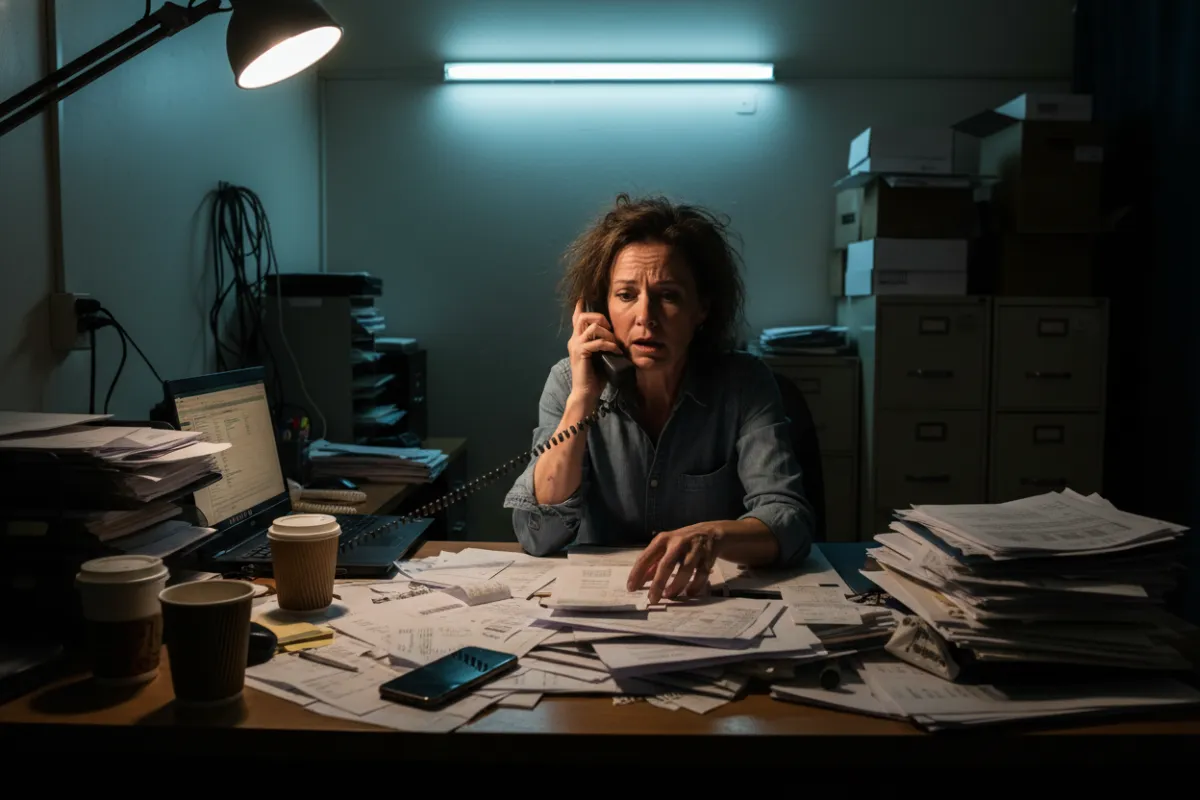 A small business owner at a cluttered desk, looking frustrated while juggling paperwork and a ringing phone, with a dimly lit office background, representing operational stress and inefficiency.