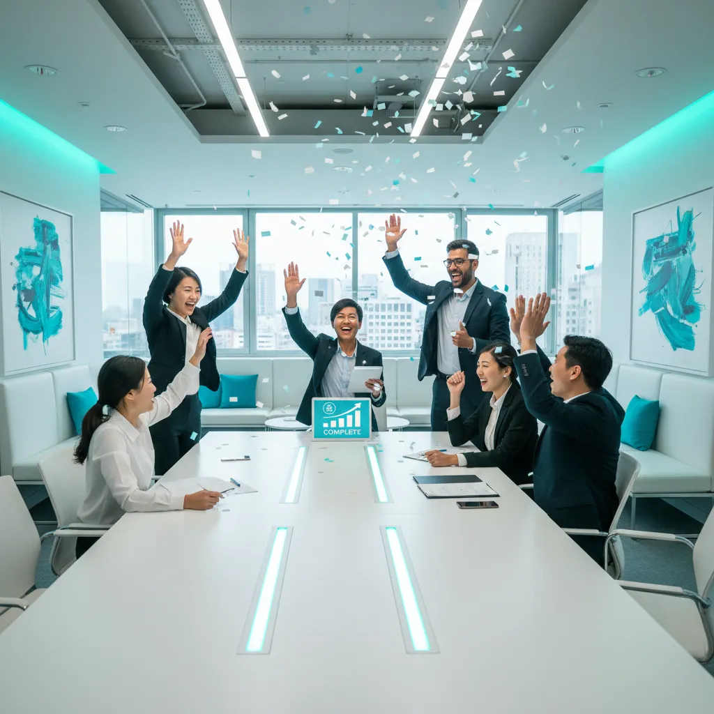 Un equipo empresarial diverso celebrando un proyecto exitoso en una oficina moderna, con acentos cian y blanco. La imagen es vibrante, profesional y transmite logro, usando una relación de aspecto 1:1 para armonía visual.