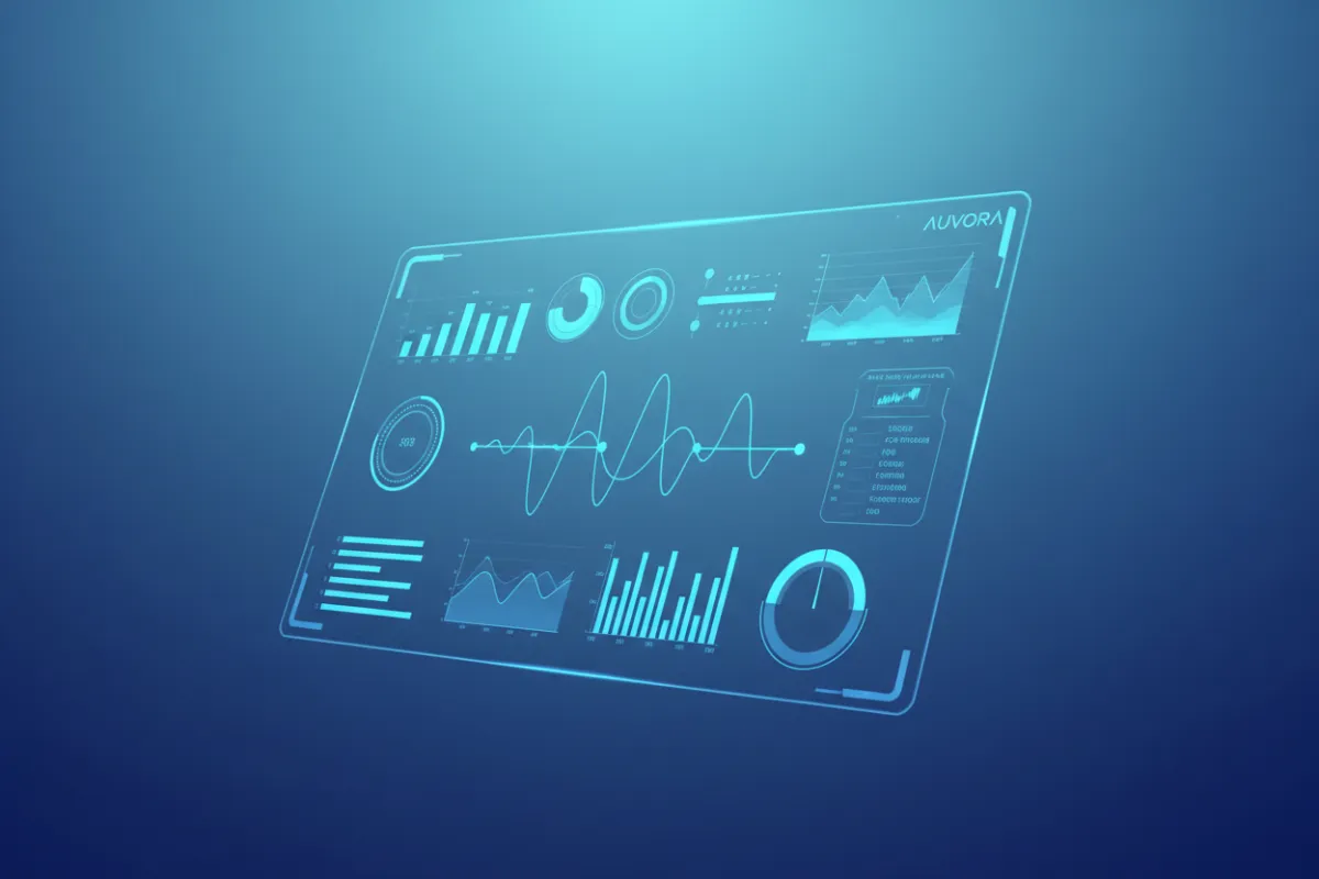 Vista futurista de un panel de control digital de Auvora con gráficos y métricas en una pantalla flotante, fondo degradado azul y cian, estilo minimalista, sin personas