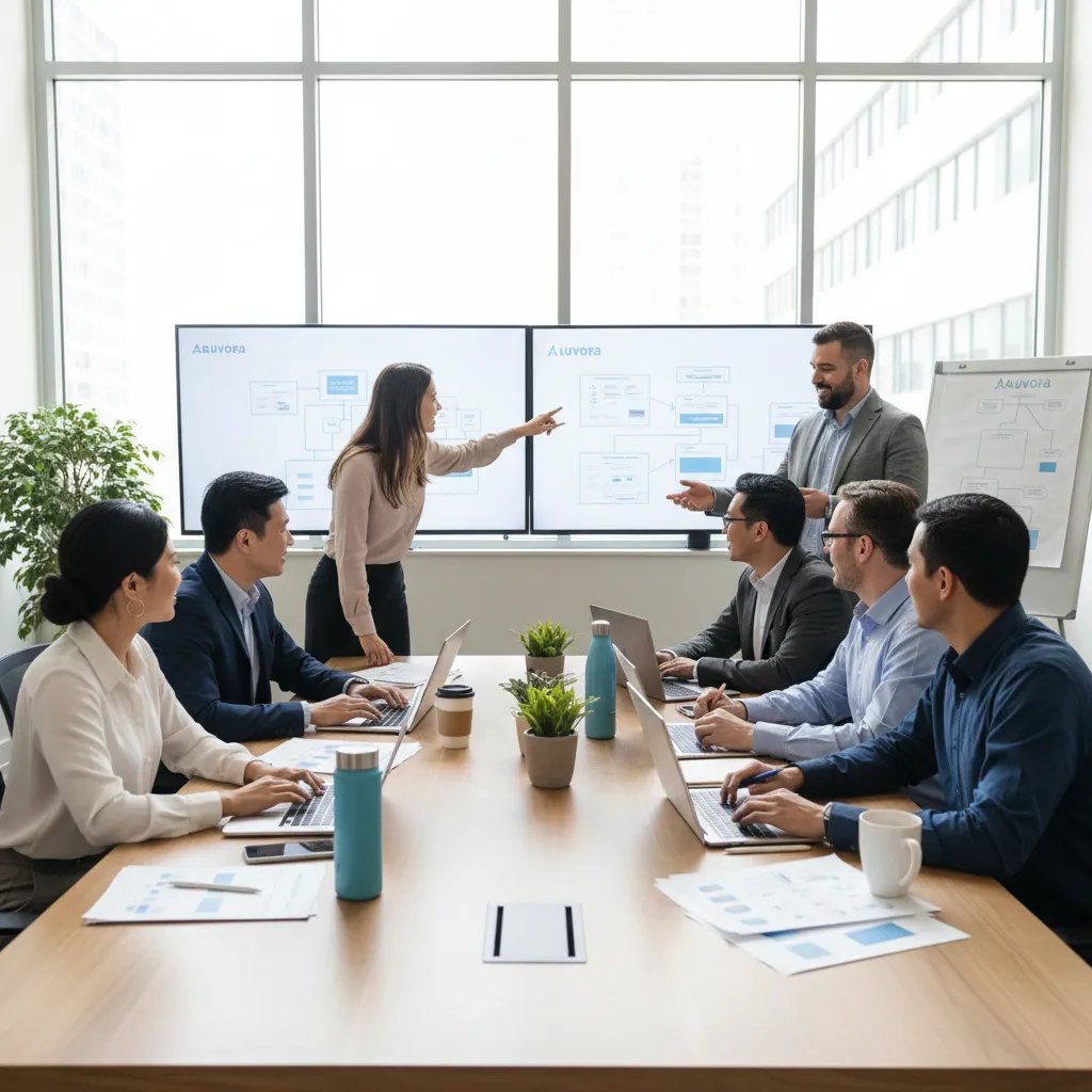 Equipo diverso de consultores de Auvora colaborando en una sala moderna, con laptops y pizarras digitales, ambiente profesional y amigable, fondo claro, estilo realista, transmitiendo confianza y experiencia en integración tecnológica.