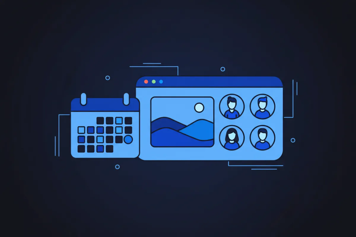 Virtual meeting interface with participant video tiles and a calendar invite overlay, representing a Zoom/Google Meets call and scheduling.