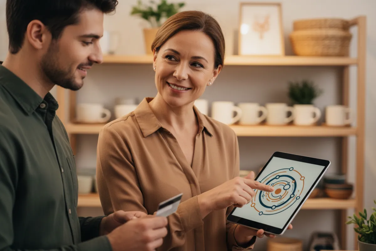 Un miembro del personal de tienda escanea la tarjeta de fidelidad de un cliente en la caja. El fondo muestra un moderno sistema de punto de venta y estanterías de ropa ordenadas, ilustrando la integración fluida del sistema de fidelidad en las operaciones diarias de la tienda.