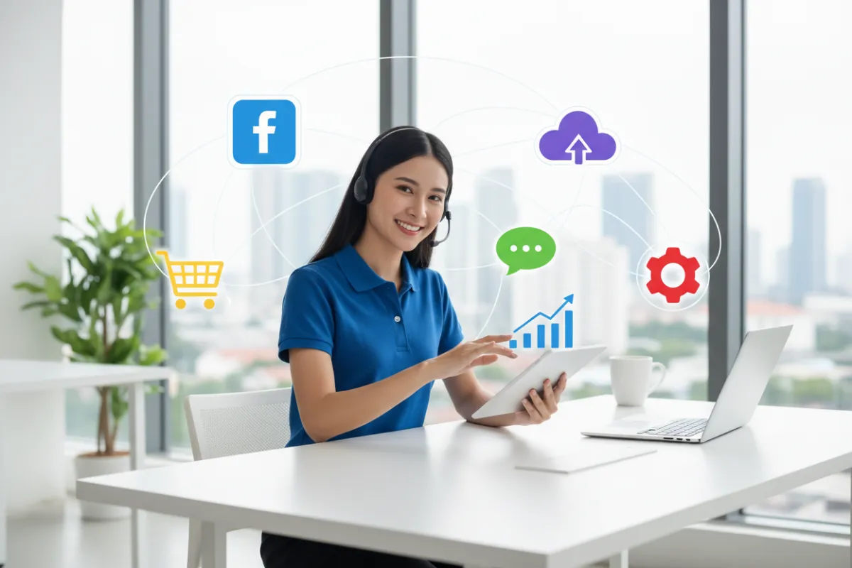 A collage of app icons and a friendly support agent with a headset, set against a bright workspace, representing seamless integrations and dedicated customer support for business growth.