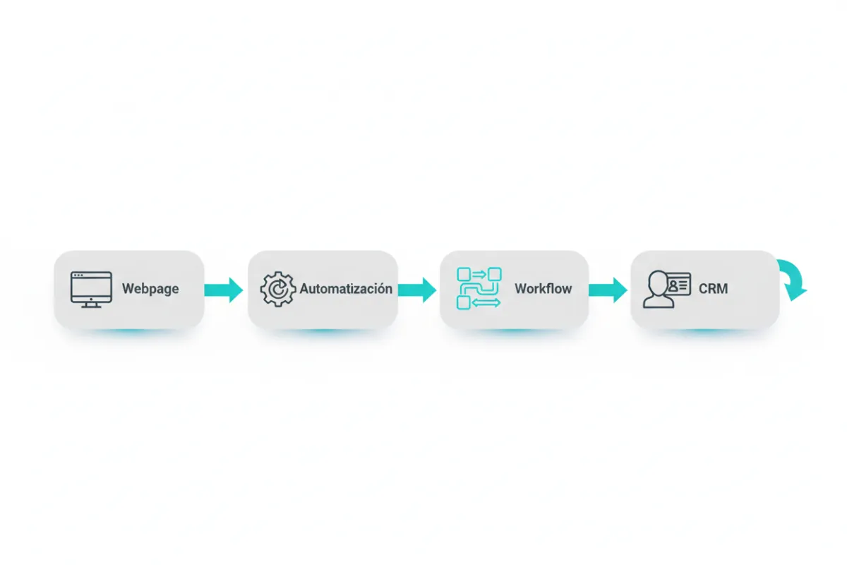Circular workflow diagram showing four labeled nodes in order: Webpage → Automatización → Workflow → CRM, connected in a continuous loop; modern technological style, subtle gradients, neon accents, clean sans-serif labels, high contrast on white background.