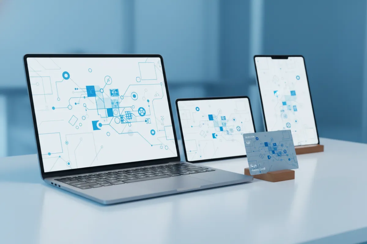 Modern laptop, tablet, and smartphone displaying Auvora dashboard and a physical Auvora Card, all on a clean white desk with soft blue lighting, evoking a sense of digital innovation and accessibility for small business owners.