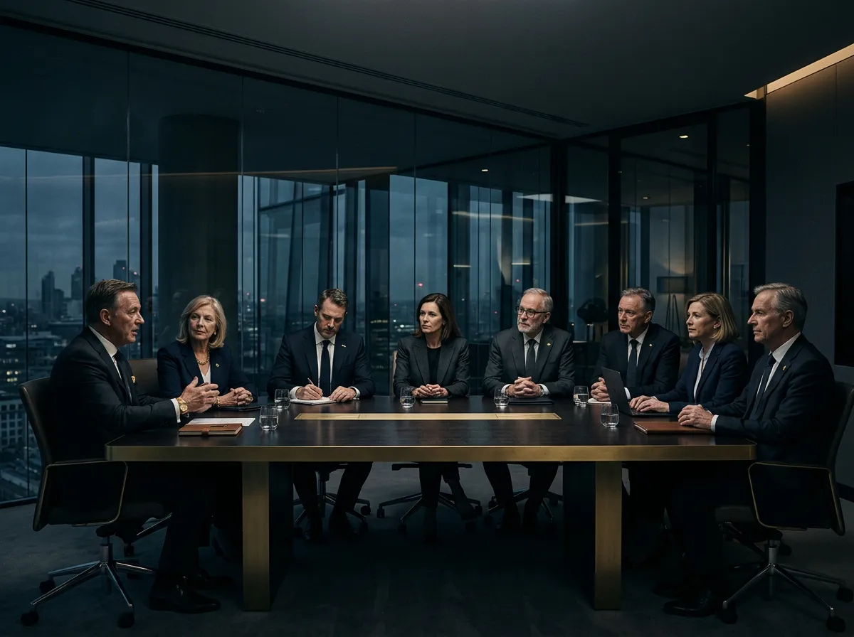 Corporate executives conducting an uninterrupted board meeting in a modern corporate boardroom