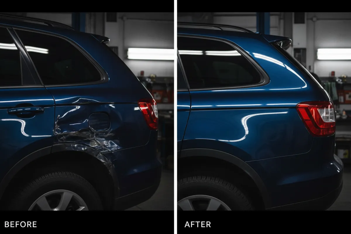 Lawrence Collision Center team assisting a customer