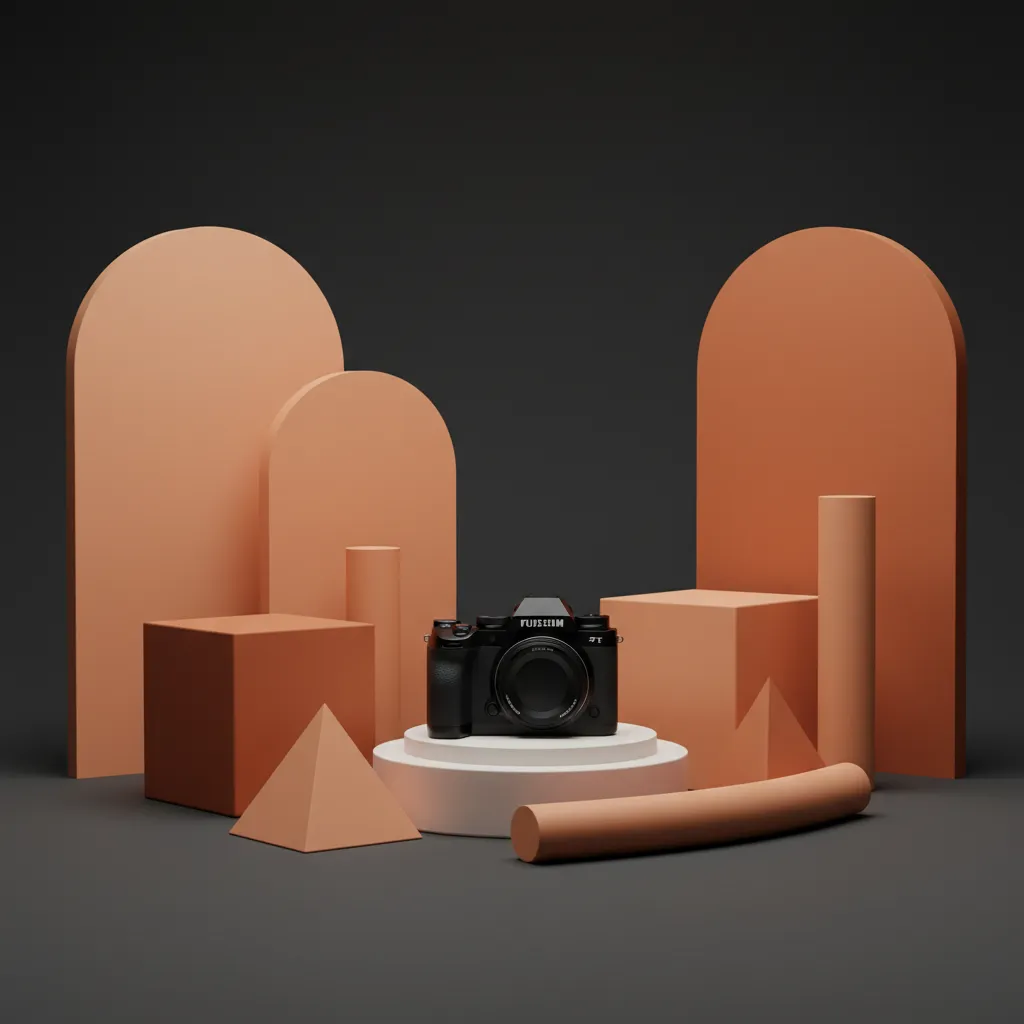 Abstract orange-toned studio setup with camera, lights, and geometric props
