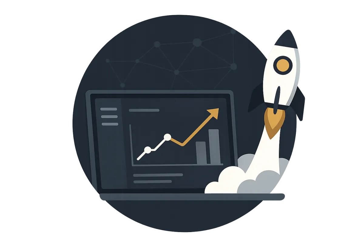 PeakConnector checkout illustration with analytics screen and rocket (no decorative blobs)
