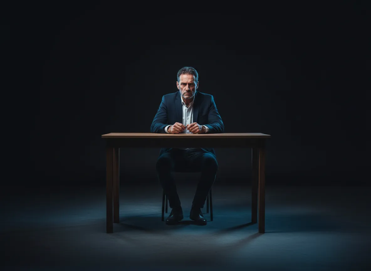 Frustrated entrepreneur at desk in dark cinematic lighting