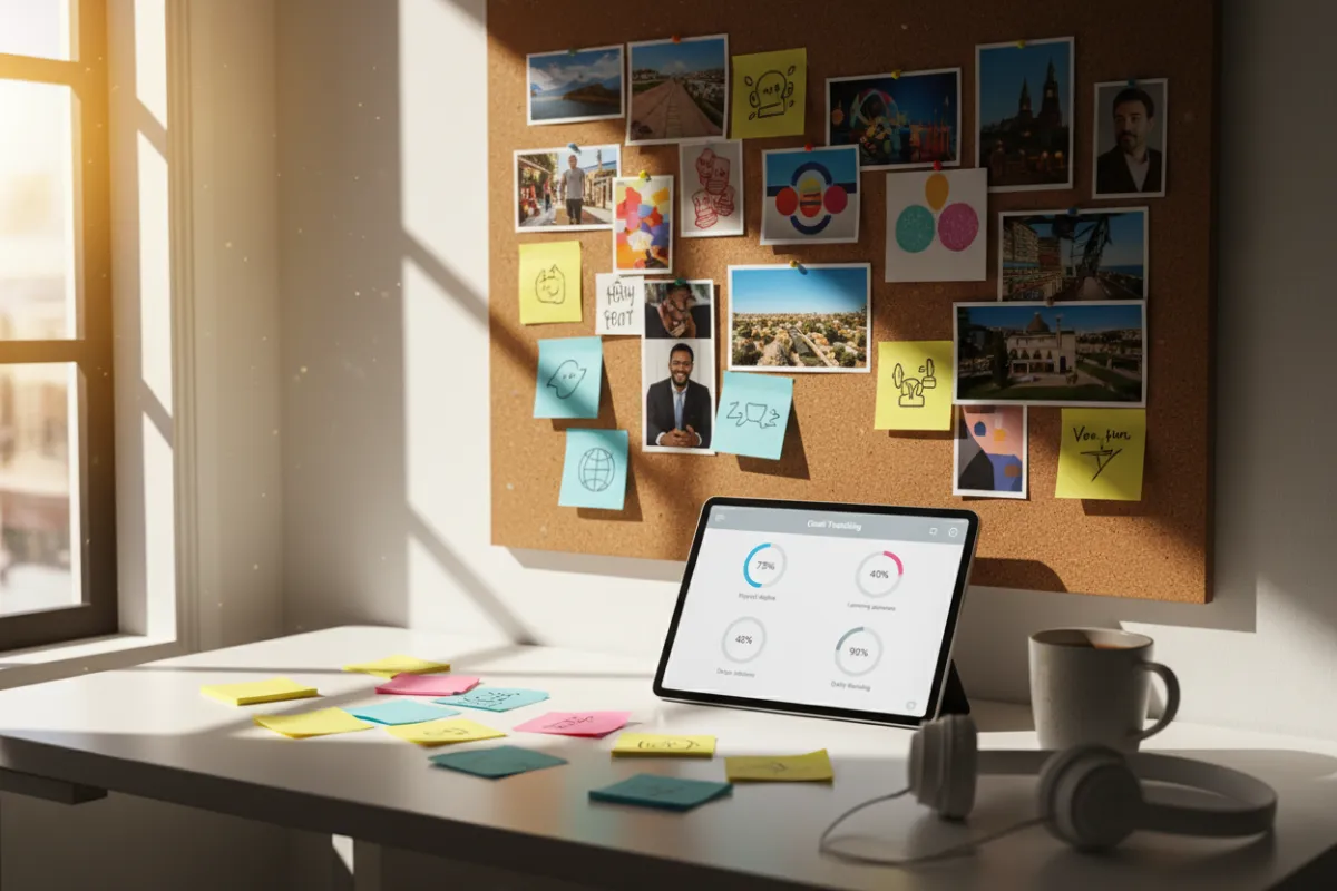 A creative workspace with a vision board, colorful sticky notes, and a digital tablet displaying a goal tracking app. Sunlight streams through a window, and a coffee mug sits nearby, evoking focus and inspiration.
