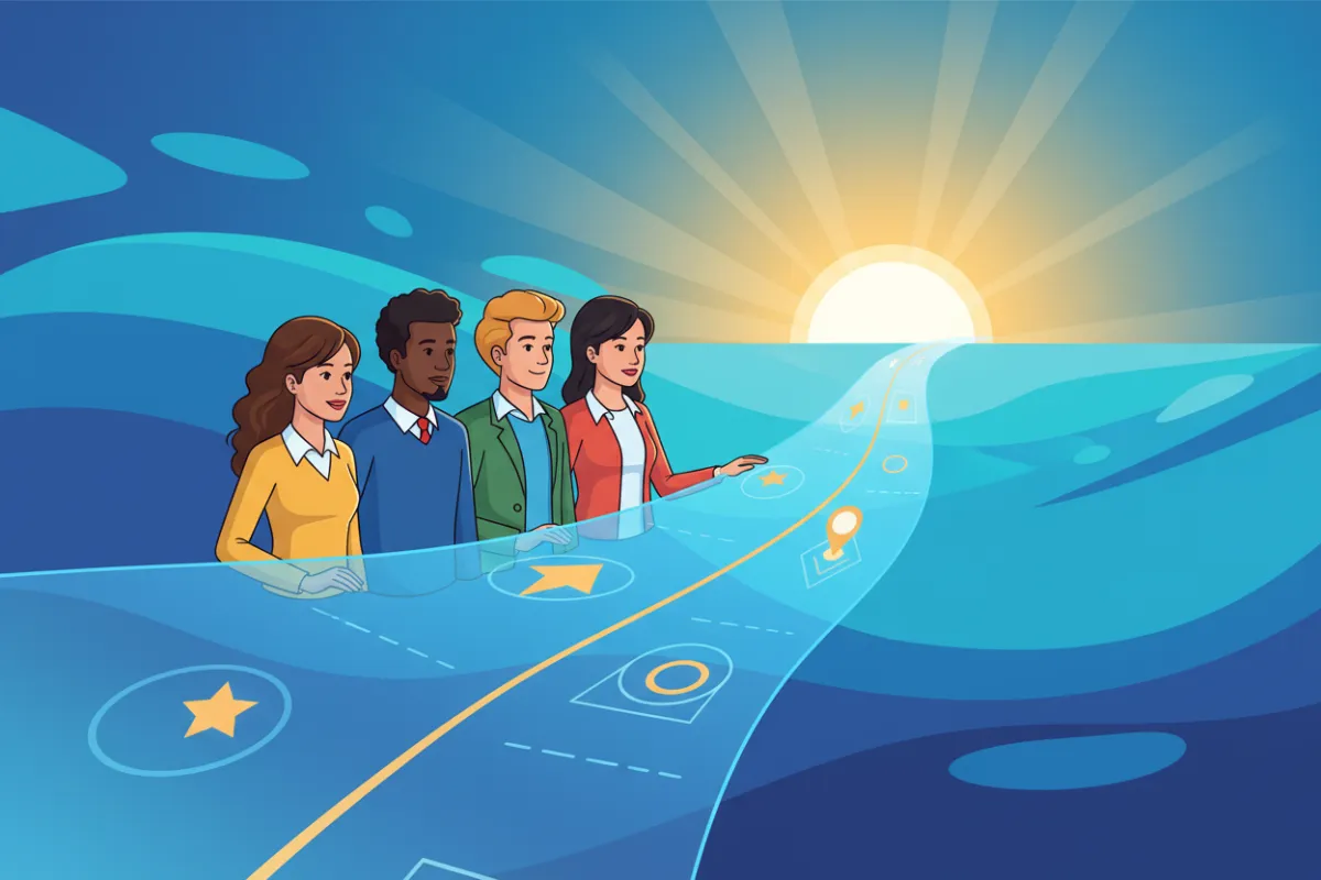 A vibrant digital illustration of a diverse group of young professionals gathered around a large, glowing roadmap that stretches toward a sunrise, symbolizing new beginnings and goal achievement. The background features abstract, dynamic shapes in blue and teal, evoking energy and forward movement.
