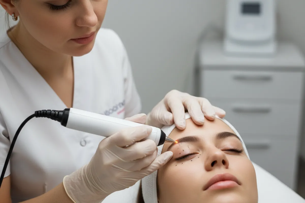 Plasma Pen Behandlung an den Oberlidern in Nahaufnahme