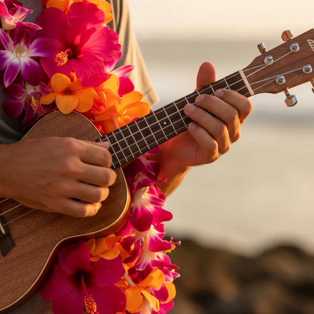 A close-up shot of hands strumming a wooden ukulele, a vibrant floral lei draped over the instrument. The warm lighting highlights the textures and colors, evoking the intimate, joyful spirit of Hawaiian music-making.