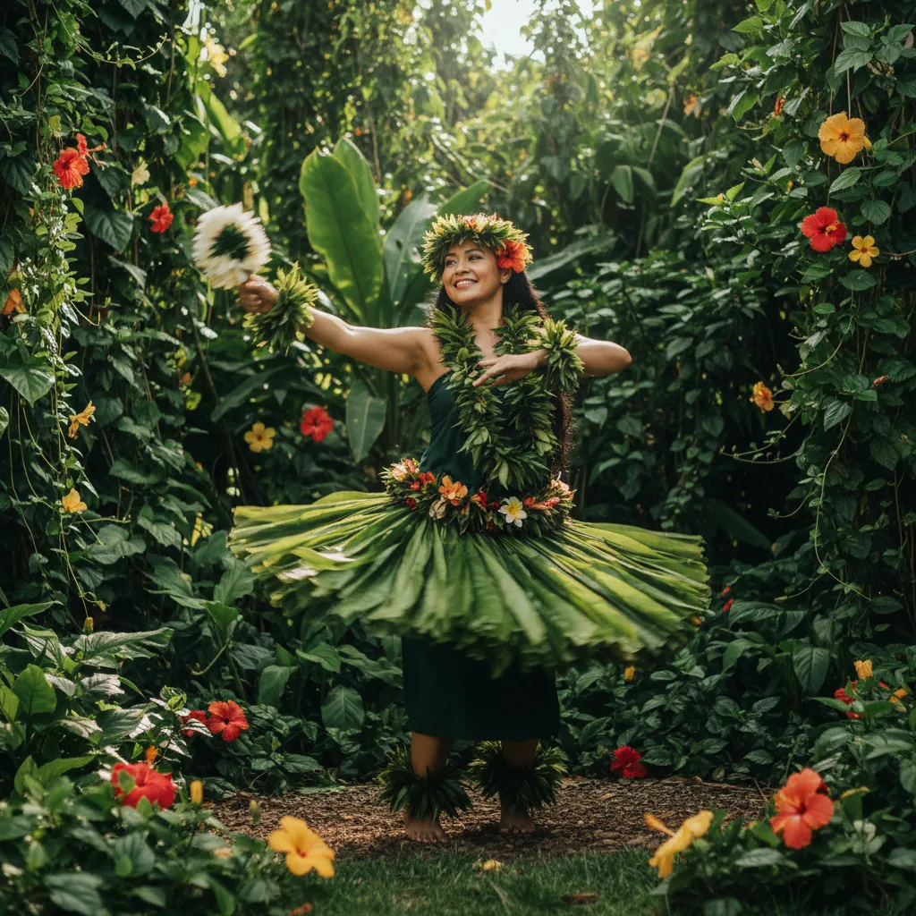 A hula dancer in traditional attire performs mid-motion, her skirt swirling, with lush tropical greenery in the background. The image captures the grace and cultural richness of Hawaiian dance, emphasizing movement and vibrant color in a 1:1 composition.