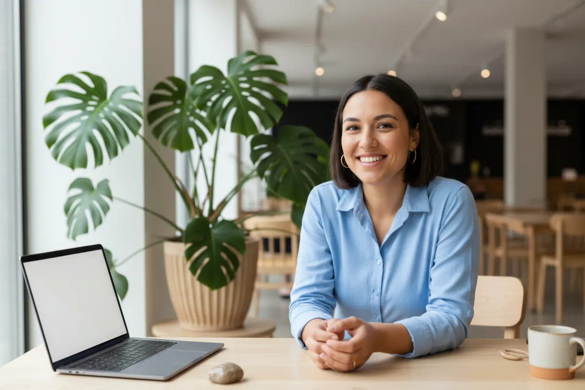 A friendly support team member sits at a desk, smiling warmly, with a tropical plant in the background. The setting is bright and welcoming, conveying approachability and readiness to assist concert attendees with any questions.