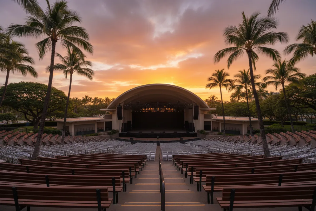Waikiki Shell concert venue at sunset, palm trees framing the open-air amphitheater, golden sky, empty seats awaiting guests, 3:2 aspect ratio.