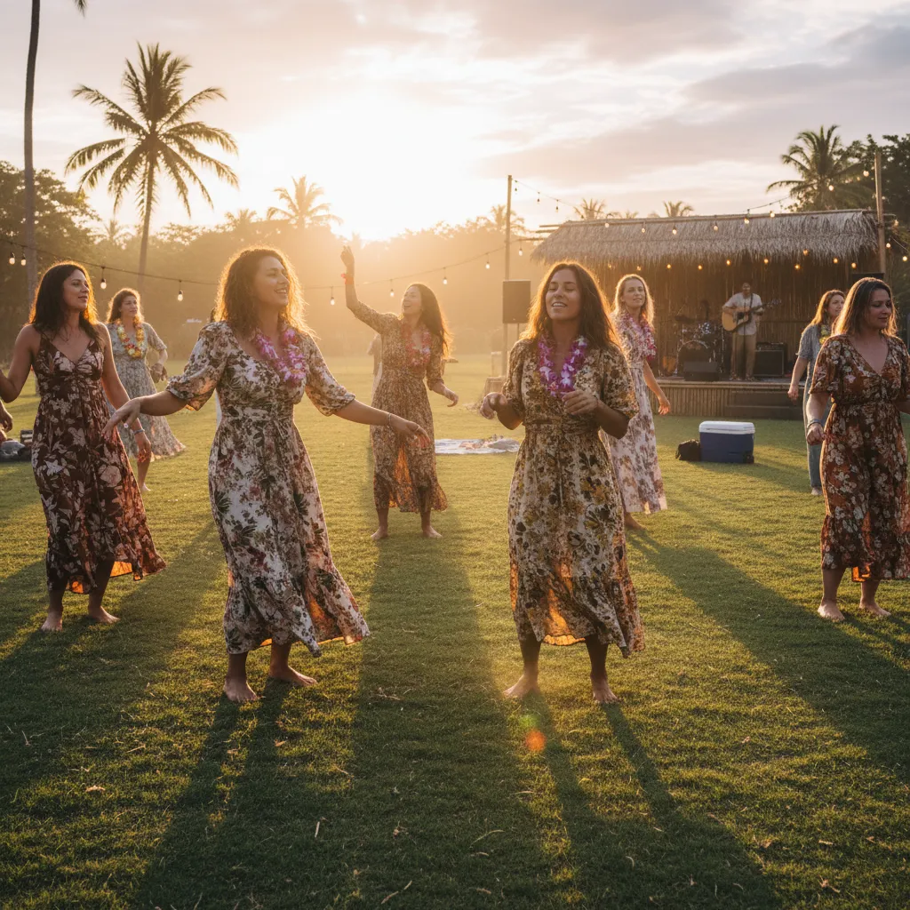 A group of concertgoers dance barefoot on grass, their faces lit by the golden glow of sunset. Joyful expressions and relaxed postures convey the communal, carefree atmosphere of a Hawaiian outdoor concert.