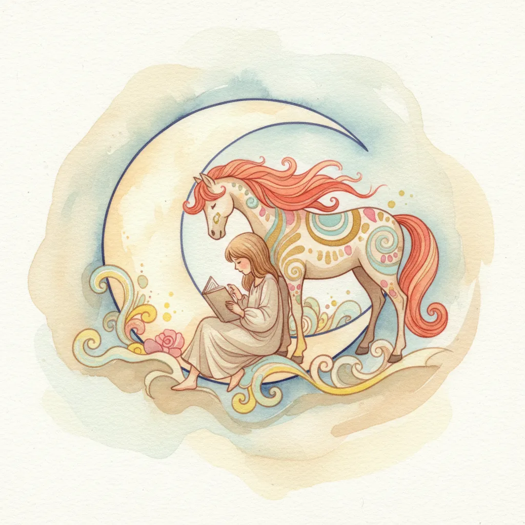 Watercolor drawing of a painted pony, moon, and child reading