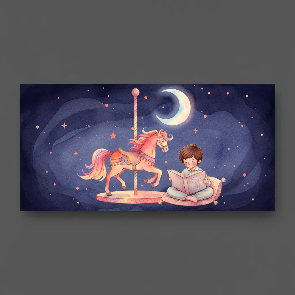 Watercolor drawing of a painted pony, moon, and child reading