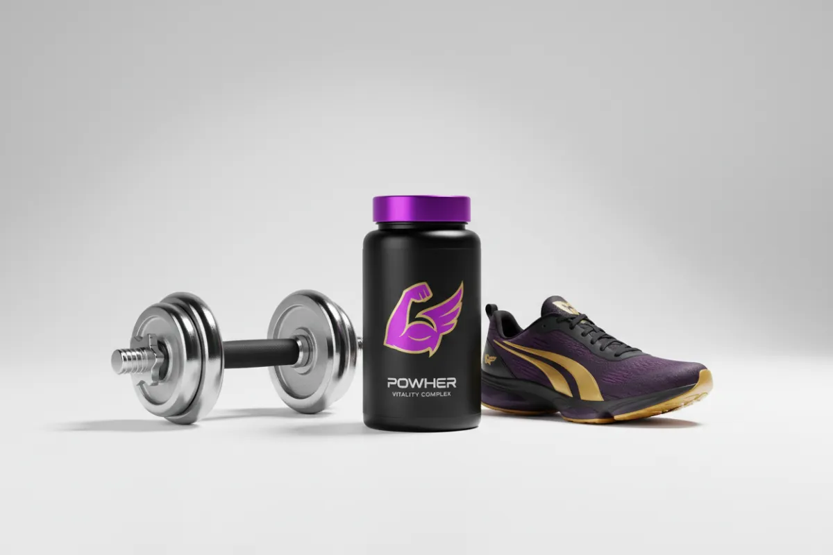 Woman experiencing vitality alongside PowHer Vitality Complex supplement bottle