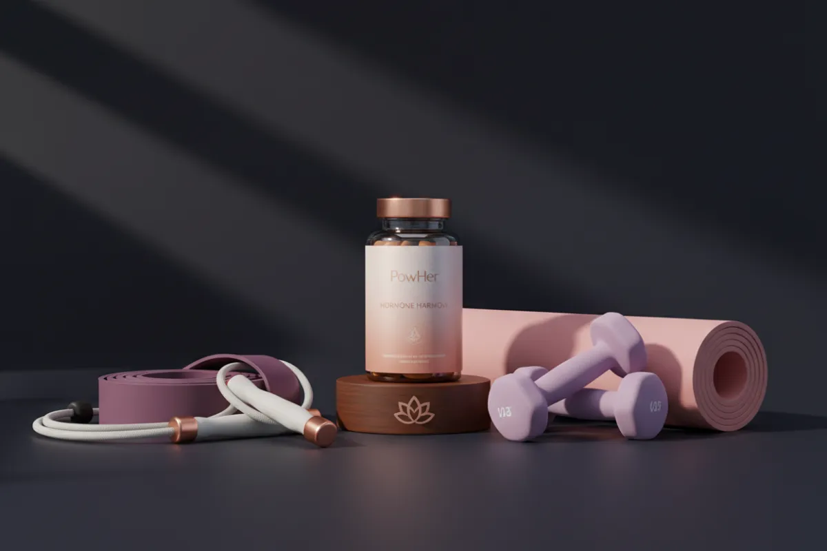 Woman finding balance alongside PowHer Hormone Harmony supplement bottle